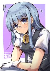  1girl ascot bespectacled blouse blue_eyes blue_hair character_name glasses gloves hand_on_own_cheek hand_on_own_face hatsukaze_(kantai_collection) head_rest kantai_collection long_hair looking_at_viewer school_uniform serafuku shinshin short_sleeves solo twitter_username vest white_blouse white_gloves 