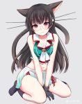  1girl 3: animal_ears ascot bangs bare_arms between_legs black_gloves black_hair black_legwear blush breasts cat_ears cat_tail choukai_(kantai_collection) cleavage closed_mouth collarbone crop_top eyebrows eyebrows_visible_through_hair full_body glasses gloves grey_background hand_between_legs headgear ica kantai_collection kemonomimi_mode long_hair looking_at_viewer medium_breasts midriff navel no_shoes red_eyes school_uniform seiza semi-rimless_glasses serafuku simple_background sitting sleeveless socks solo stomach tail twitter_username under-rim_glasses 
