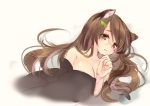  1girl animal_ears breasts brown_eyes brown_hair cleavage futatsuiwa_mamizou futatsuiwa_mamizou_(human) glasses hair_ornament hairclip leaf_hair_ornament lying on_side raccoon_ears sen1986 touhou 