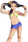  1girl adjusting_hair bandeau bare_shoulders black_eyes black_hair blush breasts brown dark_skin flower hair_flower hair_ornament highres long_hair looking_at_viewer matsunaga_kouyou navel open_mouth original shorts simple_background small_breasts smile solo standing strapless tan tubetop white_background 