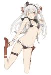  1girl alternate_costume amatsukaze_(kantai_collection) bare_shoulders bikini black_bikini black_hat black_ribbon boots bracelet breasts buttons hair_ornament hairband hat jewelry jumping kantai_collection knee_boots long_hair mini_hat ningen_(ningen96) open_clothes open_shirt red_boots ribbon shirt side-tie_bikini silver_hair simple_background sleeveless sleeveless_shirt small_breasts solo swimsuit twintails unbuttoned unbuttoned_shirt very_long_hair white_background white_shirt yellow_eyes 