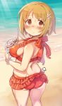  1girl 7010 ass beach bikini blush breasts brown_eyes brown_hair flower food hair_flower hair_ornament ice_cream idolmaster idolmaster_cinderella_girls large_breasts looking_at_viewer looking_back mimura_kanako red_bikini short_hair sideboob solo swimsuit wet 