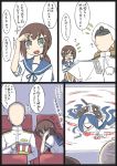  1boy 1girl 4koma admiral_(kantai_collection) brown_hair comic commentary_request faceless faceless_male fubuki_(kantai_collection) green_eyes hat hoso_miyuki kantai_collection long_hair military military_hat military_uniform movie_theater open_mouth ponytail salute school_uniform serafuku speech_bubble the_ring translation_request tray uniform watching 
