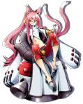  1girl animal_ears blazblue blazblue:_central_fiction bracelet breasts candy capri_pants cat_ears expressionless highres jewelry katou_yuuki kokonoe lollipop long_hair looking_at_viewer multiple_tails navel official_art pants pink_hair ponytail red_pants robot sandals shadow shirt shoe_dangle sidelocks sitting sleeves_past_wrists small_breasts solo tail toes white_background white_shirt yellow_eyes 