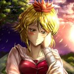  1girl blonde_hair blush collarbone futagojima hair_ornament hand_on_another&#039;s_cheek hand_on_another&#039;s_face head_tilt holding_arm long_sleeves looking_at_viewer nazrin pov_hands short_hair smile solo_focus sunlight toramaru_shou touhou tree upper_body yellow_eyes 