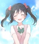  1girl :d ^_^ black_hair blazer blush bow cardigan closed_eyes green_bow hair_bow jacket lens_flare love_live! love_live!_school_idol_project marin_(myuy_3) open_mouth short_hair sky smile solo sweater_vest tears twintails yazawa_nico 