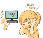  &gt;_&lt; 1boy 1girl bangs blonde_hair breasts closed_eyes commentary_request flag hands_on_head hands_on_own_head highres olympic_rings olympics open_mouth original otoufu ponytail seiza shirt short_hair sitting sketch t-shirt television translation_request white_background 