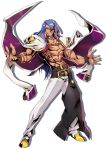  1boy azrael_(blazblue) belt blazblue blazblue:_central_fiction blue_hair choker facial_hair full_body goatee grin highres jacket_on_shoulders katou_yuuki long_hair looking_at_viewer male_focus official_art outstretched_arms pants red_eyes shadow shirtless shoes smile solo spread_arms standing tattoo white_background white_pants 