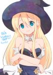  1girl amatsuka_poi artist_name bare_shoulders black_dress black_hat blonde_hair blue_eyes blush breasts chikanoko cleavage closed_mouth collar collarbone copyright_name crossed_arms dated dress hair_between_eyes hat large_breasts long_hair looking_at_viewer off-shoulder_dress off_shoulder original ragho_no_erika short_sleeves sidelocks simple_background smile solo star tareme upper_body very_long_hair white_background witch_hat 