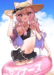  1girl :3 animal_ears black_swimsuit bow cat_ears clouds cloudy_sky commentary cowboy_shot criss-cross_halter cropped_jacket ears_through_headwear eyewear_on_head flat_chest halterneck hand_on_headwear hat innertube jacket long_hair looking_at_viewer navel nyatasha_nyanners off_shoulder open_clothes open_jacket open_mouth outdoors pink_hair purple_jacket sky solo straw_hat sunglasses swimsuit symbol_commentary twintails uhhgaoh violet_eyes virtual_youtuber vshojo white_bow 
