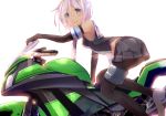  1girl absurdres armadillo-tokage bare_shoulders black_legwear black_skirt blue_eyes braid breasts detached_sleeves elbow_gloves eyebrows eyebrows_visible_through_hair from_side gloves ground_vehicle hair_between_eyes hair_over_shoulder highres kantai_collection kawasaki long_hair looking_at_viewer motor_vehicle motorcycle pantyhose parted_lips pleated_skirt school_uniform shirt silver_hair simple_background single_braid skirt sleeveless sleeveless_shirt small_breasts solo teeth umikaze_(kantai_collection) very_long_hair white_background 