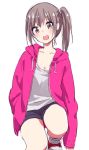  1girl bangs blue_shorts blush breasts brown_eyes brown_hair cleavage collarbone eyebrows eyebrows_visible_through_hair hood hoodie ica looking_at_viewer medium_breasts one_knee open_clothes open_hoodie open_mouth original shirt shoes shorts side_ponytail simple_background sleeves_past_wrists solo white_background white_shirt 