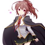  1girl black_skirt blazblue brown_hair cape celica_a_mercury hair_ribbon heart long_hair looking_at_viewer pleated_skirt ponytail red_eyes red_ribbon ribbon shiinaki simple_background skirt solo white_background 