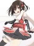 &gt;:d 1girl :d black_hair black_legwear black_skirt brown_eyes elbow_gloves gloves grey_background hair_ornament kantai_collection keita_(tundereyuina) looking_at_viewer open_mouth pleated_skirt remodel_(kantai_collection) scarf sendai_(kantai_collection) short_hair skirt smile solo thigh-highs two_side_up white_scarf 