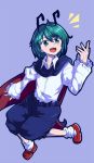  1girl :d antennae cape dress_shirt green_hair highres open_mouth pants shiozaki16 shirt simple_background smile solo touhou wriggle_nightbug 