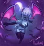  1girl animal_ears bat_ears bat_wings black_gloves breasts cleavage covered_eyes crescent_moon elbow_gloves fangs foxilumi gloves grey_skin hair_over_face monster_girl moon night open_mouth personification pokemon silver_hair solo thigh_highs underwear wings zubat 