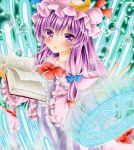  1girl blush book bubble crescent crescent_hair_ornament double_bun dress expressionless fingernails hair_ornament hair_ribbon hat hat_ribbon hexagram light_trail long_hair looking_at_viewer magic_circle marker_(medium) mob_cap open_book outstretched_hand patchouli_knowledge purple_hair ribbon robe sharp_fingernails sidelocks solo striped striped_dress touhou traditional_media tress_ribbon violet_eyes wassmint 