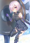  1girl armor blush breasts fate/grand_order fate_(series) grass hair_over_one_eye hakuishi_aoi looking_at_viewer shielder_(fate/grand_order) short_hair silver_hair smile solo thigh-highs violet_eyes 