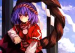  1girl :/ akaiha_(akaihagusk) arm_garter closed_mouth hair_ornament juliet_sleeves leaf_hair_ornament long_sleeves looking_away mirror onbashira puffy_sleeves purple_hair red_eyes rope shimenawa short_hair solo touhou upper_body yasaka_kanako 