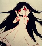  1girl :&gt; black_hair bleeding blood character_request creepy dress fleshchild hands_on_own_cheeks hands_on_own_face highres long_hair red_eyes solo stitched tetra_(tetratheripper) tetra_the_ripper traditional_media very_long_hair white_background white_dress 