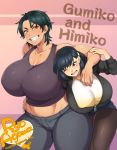 2girls agawa_ryou artist_name bare_shoulders black_hair borrowed_character breasts character_name cleavage curvy dark_skin denim denim_shorts fang gigantic_breasts grin hand_on_hip huge_breasts looking_at_viewer midriff multiple_girls muscle one_eye_closed orange_eyes original pantyhose red_eyes short_hair shorts smile thick_thighs thighs wide_hips 