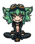  1girl absurdres animal_ears blush blush_stickers center_opening chibi female full_body goggles goggles_on_head green_hair gremlin_(monster_girl_encyclopedia) grin highres looking_at_viewer monorus monster_girl_encyclopedia short_hair simple_background sitting smile solo thigh-highs v_arms white_background yellow_eyes 