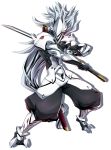  1boy armor black_pants blazblue blazblue:_central_fiction fighting_stance full_body gloves hakumen highres katou_yuuki long_hair male_focus mask official_art pants shadow silver_hair solo standing sword weapon white_background 