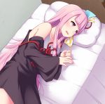  1girl bangs bare_shoulders bed blueberry_(5959) blunt_bangs blush detached_sleeves dress hair_ornament hair_ribbon highres kotonoha_akane long_hair lying on_bed on_side open_mouth pillow pink_eyes pink_hair ribbon short_dress sleeveless sleeveless_dress solo voiceroid 
