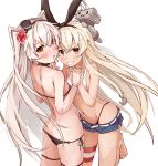  2girls amatsukaze_(kantai_collection) anchor anchor_hair_ornament ass back bare_shoulders barefoot bikini black_bikini black_panties blonde_hair blush bracelet butt_crack choker commentary_request denim denim_shorts flower from_side grey_eyes grin hair_flower hair_ornament hair_ribbon hairband hand_holding hat hibiscus highleg highleg_panties highres interlocked_fingers jewelry kantai_collection long_hair multiple_girls navel open_mouth panties rensouhou-chan ribbon shimakaze_(kantai_collection) shorts side-tie_bikini silver_hair simple_background smile swimsuit takanashie thigh_strap thong two_side_up underwear very_long_hair white_background windsock 