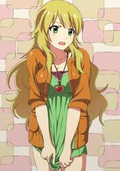  1girl blonde_hair breasts cleavage collarbone dress green_dress green_eyes hoshii_miki idolmaster jacket long_hair necktie open_clothes open_jacket open_mouth orange_jacket rikku04 solo 