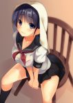  1girl black_hair blue_eyes blush bra breasts chair cleavage leaning_forward looking_at_viewer looking_up neko_neko_koneko original purple_hair school_uniform see-through serafuku short_hair sitting skirt smile solo underwear violet_eyes wet wet_clothes 