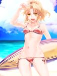  1girl beach bikini blonde_hair clouds fate/apocrypha fate/grand_order fate_(series) hagiyoshi_(riron_jihen) mordred_(swimsuit_rider)_(fate) navel ocean open_mouth ponytail red_bikini saber_of_red scrunchie side-tie_bikini sky solo surfboard swimsuit yellow_eyes 