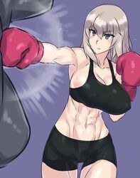 1girl abs bike_shorts blue_eyes boxing boxing_gloves breasts evuoaniramu girls_und_panzer gloves itsumi_erika large_breasts muscle navel punching_bag short_hair silver_hair solo sports_bra tomboy