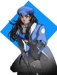  1girl alternate_costume ana_(overwatch) beret black_gloves blue_coat brown_eyes brown_hair captain_amari coat cowboy_shot dark_skin eyepatch facial_mark facial_tattoo gloves hat highres index_finger_raised long_hair looking_at_viewer military military_hat military_uniform overcoat overwatch simple_background smile solo square tattoo uniform weapon white_background xiaozhan younger 