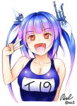  1girl :d bare_shoulders blue_hair breasts fang gradient_hair hair_ribbon happy i-19_(kantai_collection) kantai_collection large_breasts long_hair looking_at_viewer multicolored_hair name_tag noise_(tsuzuki) open_mouth purple_hair red_eyes ribbon school_swimsuit signature simple_background smile solo star star-shaped_pupils swimsuit symbol-shaped_pupils twintails twitter_username upper_body v white_background 