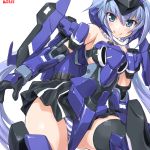  &gt;:) 1girl bangs black_gloves black_legwear blue_eyes blue_hair blush dd_(ijigendd) doll_joints eyebrows eyebrows_visible_through_hair frame_arms_girl gloves hair_between_eyes long_hair looking_at_viewer mecha_musume panties simple_background smile solo striped striped_panties stylet thigh-highs twintails underwear very_long_hair white_background 