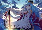  1girl blue_hair blue_skirt blue_sky blush cape clouds cloudy_sky crown epaulettes glowing hinanawi_tenshi igakusei long_hair looking_at_viewer puffy_short_sleeves puffy_sleeves red_eyes short_sleeves skirt sky solo sword_of_hisou touhou twilight 