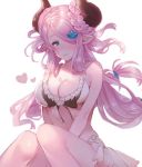  1girl alternate_hairstyle bikini blue_eyes blush braid breasts cleavage doraf granblue_fantasy hair_ornament hair_over_one_eye heart horns knees_together_feet_apart large_breasts long_hair low-tied_long_hair moriko06 narumeia_(granblue_fantasy) nose_blush pink_hair pointy_ears simple_background skindentation solo swimsuit tied_hair twin_braids v_arms white_background white_bikini 
