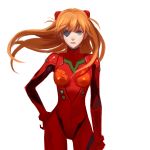  1girl absurdres bangs blue_eyes bodysuit bracer breasts closed_mouth cowboy_shot doren evangelion:_3.0_you_can_(not)_redo eyepatch floating_hair gloves hand_on_hip headgear highres lips looking_at_viewer neon_genesis_evangelion orange_hair pilot_suit plugsuit rebuild_of_evangelion serious simple_background skinny small_breasts solo souryuu_asuka_langley standing tape turtleneck white_background wind 