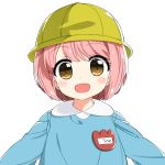  1girl bangs blush eyebrows eyebrows_visible_through_hair hat kindergarten_uniform looking_at_viewer numenume_(powa-ogutyogutyo) open_mouth oroku_kokoro pink_hair saki school_hat short_hair simple_background solo upper_body white_background yellow_eyes 