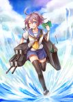  1girl ;p aoba_(kantai_collection) black_legwear blue_eyes blue_sky blush book breasts cannon clouds cloudy_sky collarbone eraser hair_between_eyes holding holding_book kantai_collection looking_at_viewer machinery medium_breasts messy_hair neckerchief one_eye_closed open_book pen pencil pencil_case ponytail purple_hair school_uniform scrunchie serafuku short_sleeves shorts sky solo standing standing_on_one_leg tongue tongue_out turret water yumaru_(marumarumaru) 