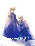  1boy 1girl ahoge armor bedivere blonde_hair braid cape closed_eyes fate/grand_order fate/stay_night fate_(series) french_braid gauntlets green_eyes hagiyoshi_(riron_jihen) hair_ribbon kneeling ribbon saber 