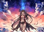  1girl bandage belt black_hair breasts clouds cowboy_shot expressionless highres houra_(kareha12021) large_breasts long_hair revealing_clothes short_shorts shorts sky solo tales_of_(series) tales_of_berseria torn_clothes under_boob velvet_crowe yellow_eyes 
