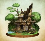  1girl bow broken bush dress faux_figurine giant_tree grass highres house ladder livee machinery original rapt_(47256) ruins scenery short_hair silver_hair solo stairs tree tree_house tree_stump water 