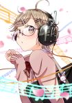  bag bow cherry_blossoms glasses hair_ornament hairpin headphones keychain musical_note original quaver red-framed_eyewear sheet_music short_hair staff_(music) sweater wadapen white_background 