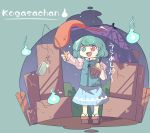  1girl :3 :d aqua_hair chibi geta ghost graveyard heterochromia highres hitodama juliet_sleeves karakasa_obake konnyaku_(food) long_sleeves night night_sky open_mouth puffy_sleeves red_eyes shiozaki16 sky smile solo tatara_kogasa tombstone tongue touhou umbrella vest 