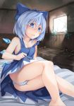  1girl asu_tora bare_legs bed_sheet blue_bow blue_dress blue_eyes blue_hair blush bow cirno dress hair_bow highres ice ice_wings indoors looking_at_viewer on_bed panties parted_lips short_hair sitting solo strap_slip striped striped_panties touhou underwear window wings 
