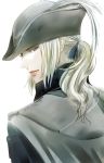  1girl blonde_hair bloodborne blue_eyes female hat highres itsuki_(itsukiovo) lady_maria_of_the_astral_clocktower lipstick long_hair looking_at_viewer makeup open_mouth ponytail smile solo the_old_hunters upper_body white_background 