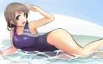  1girl blue_eyes blush breasts brown_hair competition_swimsuit highres looking_at_viewer love_live! love_live!_school_idol_project love_live!_sunshine!! lying on_side one-piece_swimsuit open_mouth rouyan short_hair smile solo swimsuit watanabe_you water 