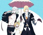  1girl 2boys blonde_hair blue_eyes brother_and_sister choker coat edna_(tales) eizen_(tales) gloves hair_ribbon hairband jacket multiple_boys pants ribbon short_hair siblings side_ponytail tales_of_(series) tales_of_berseria tales_of_zestiria umbrella zaveid_(tales) 